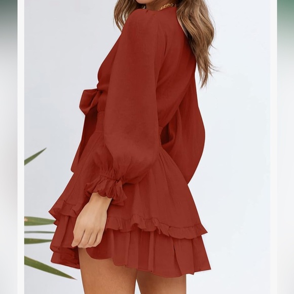 ZESICA Women's Sexy Deep V Neck Knot Front Long Sleeve Dress - Picture 3 of 6